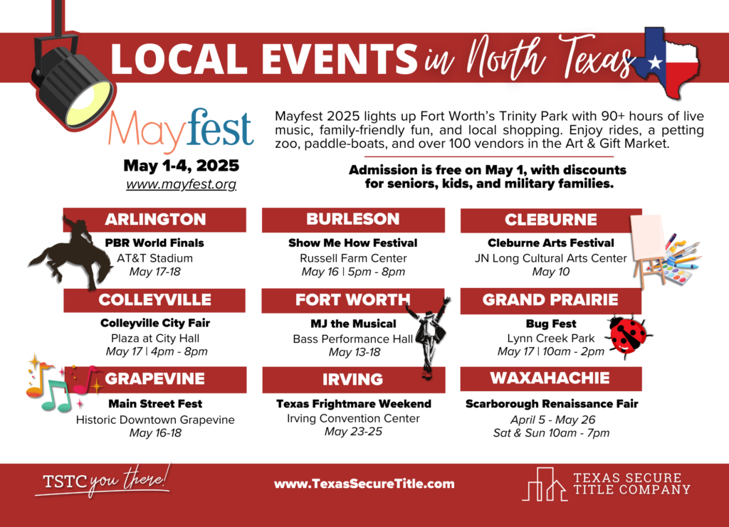 Mayfest 2025 and family-friendly events across North Texas in May, including festivals in Fort Worth, Arlington, Grapevine, and more.